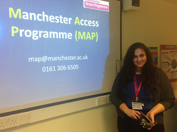 Catalina Cimpoera from the University of Manchester came in to talk to students about the Manchester Access Programme 