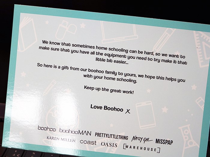 A message sent along with the laptops by Boohoo
