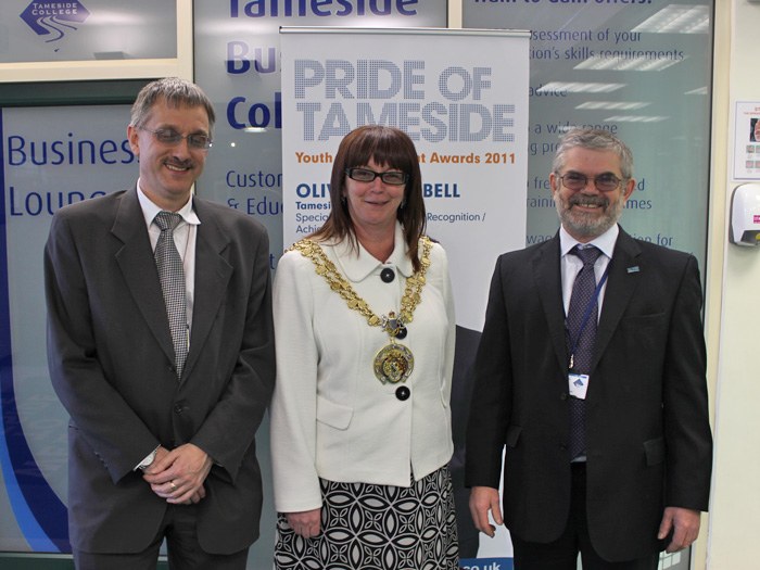 Left to right: Governor John Lyne, The Worshipful Civic Mayor of Tameside, Councillor Susan Quinn and Principal Peter Ryder