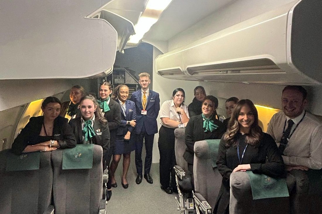Students with Ryanair cabin crew members